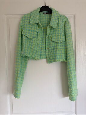 Zara Lime Green & Aqua Houndstooth Cropped Jacket
